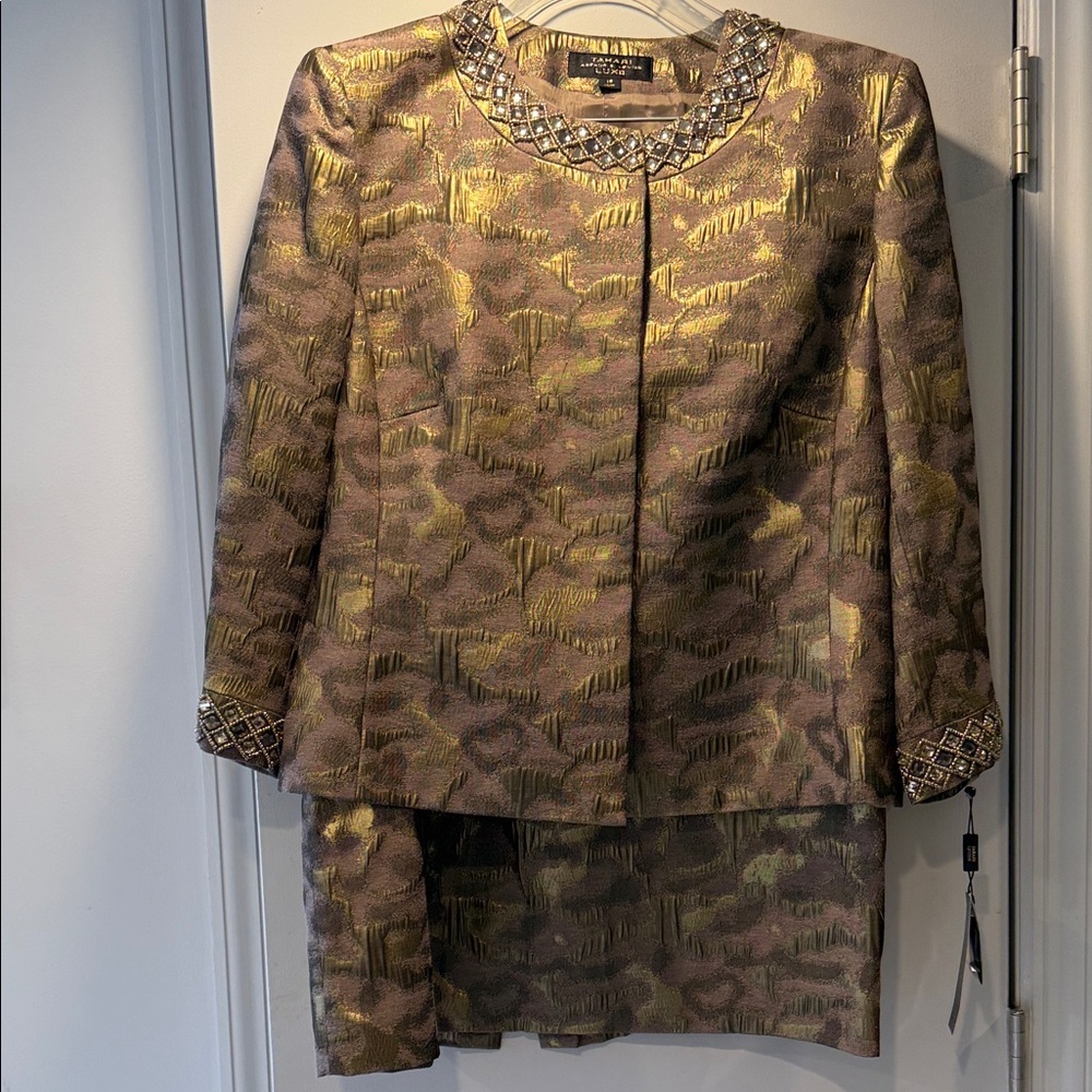 Embellished Collar Gold and Brown Brocade Blazer - St. John Collection